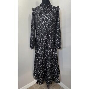 New Julia Jordan Midi Dress Women's 8 Metallic Black & Silver Sheer Sleeve Party
